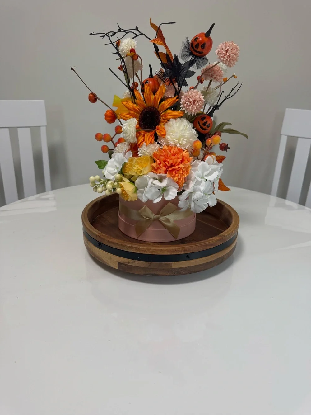 Autumn Pumpkin & Sunflower Arrangement - Orange, White, Cream